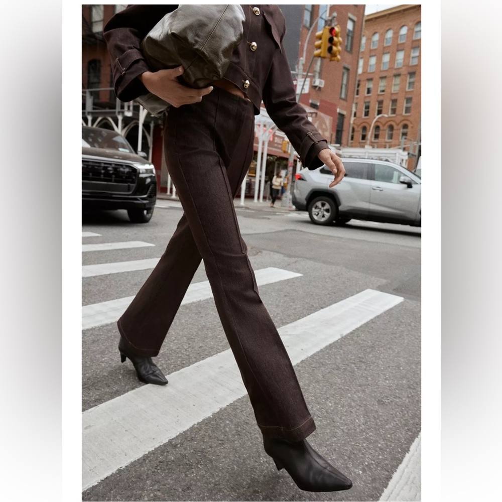 Zara brown contrast stitch seam flare pants XL NWT